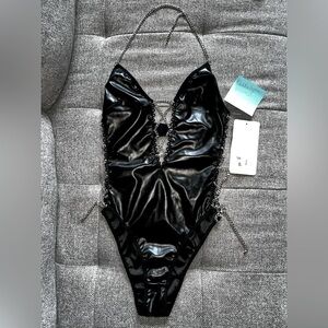 Black Bodysuit with Silver Chain Details